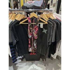 Vintage Y2K Brown Pink Paisley Deep V AOP Girly Halter Top Size Medium